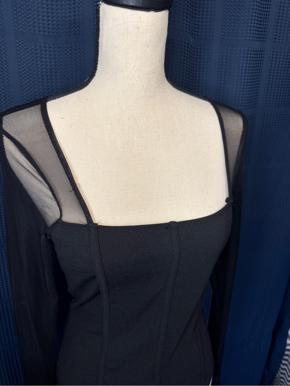 Francesca's Collections Black -Square Neck -Mesh Sleeve- Body Suit Shirt